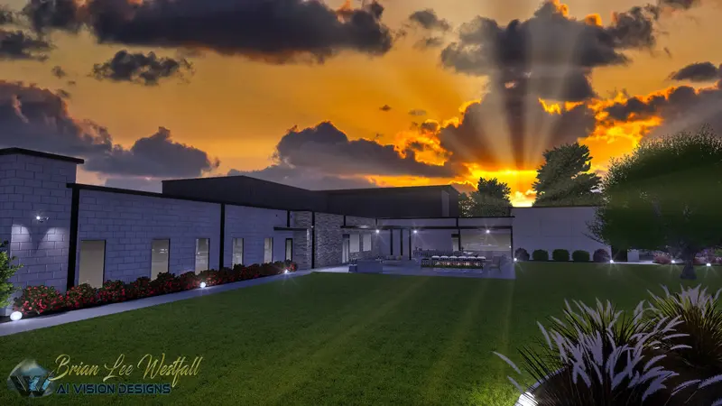Church campus exterior with outdoor living area at golden hour sunset