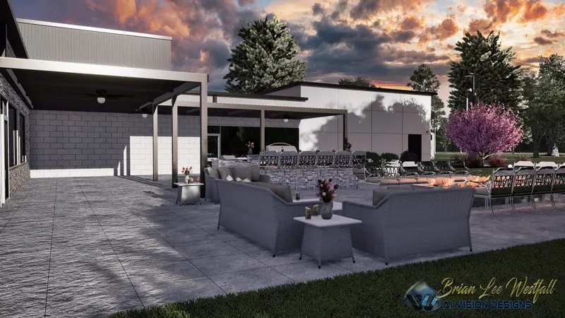 Church patio with fire pit lounge and covered pavilion