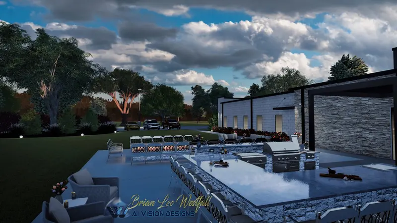 Commercial outdoor kitchen with dual grills and stone countertops