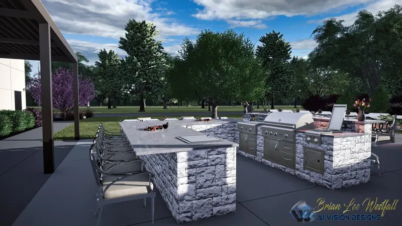 Outdoor kitchen island with dual grills and bar seating