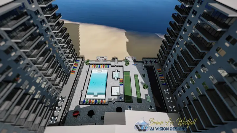 Aerial courtyard view with pool — photorealistic architectural render