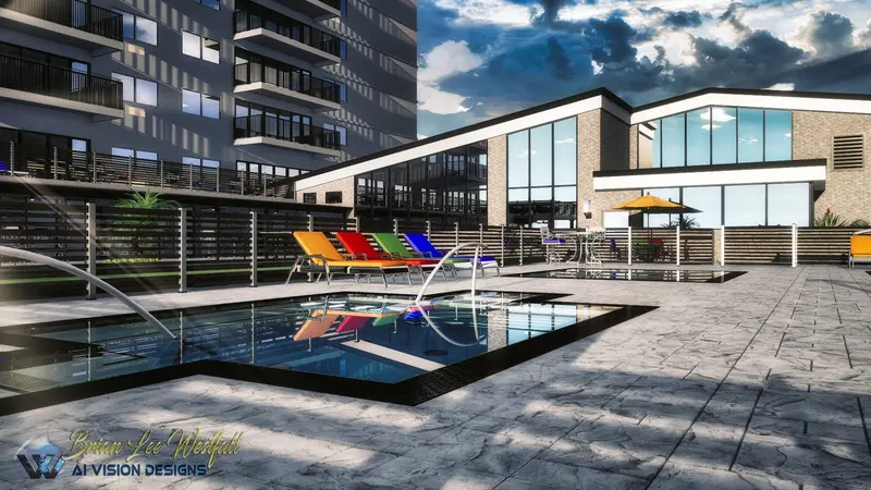 Pool deck detail — showing environmental accuracy for forensic scene staging