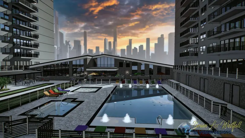 Skyline sunset view with illuminated fountains — demonstrating lighting accuracy