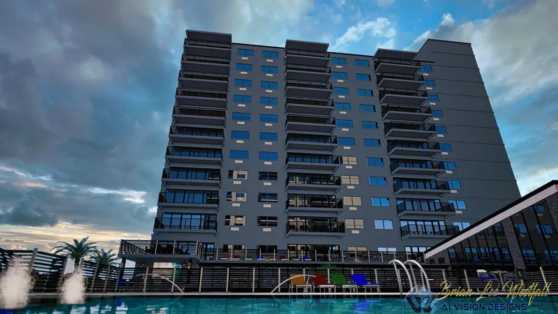 High-rise tower facade from pool level