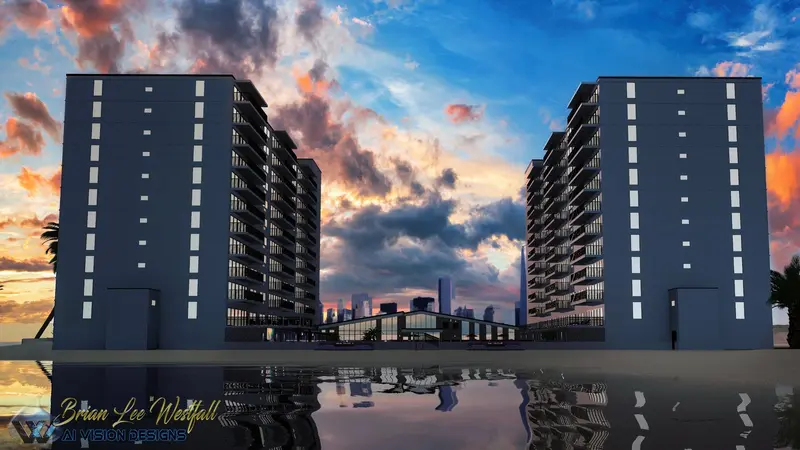 Beachfront condominium — twin towers with ocean reflection at sunset