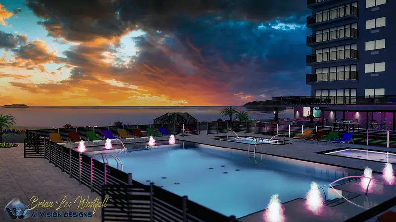 LED fountains at dusk — nighttime lighting reconstruction capability